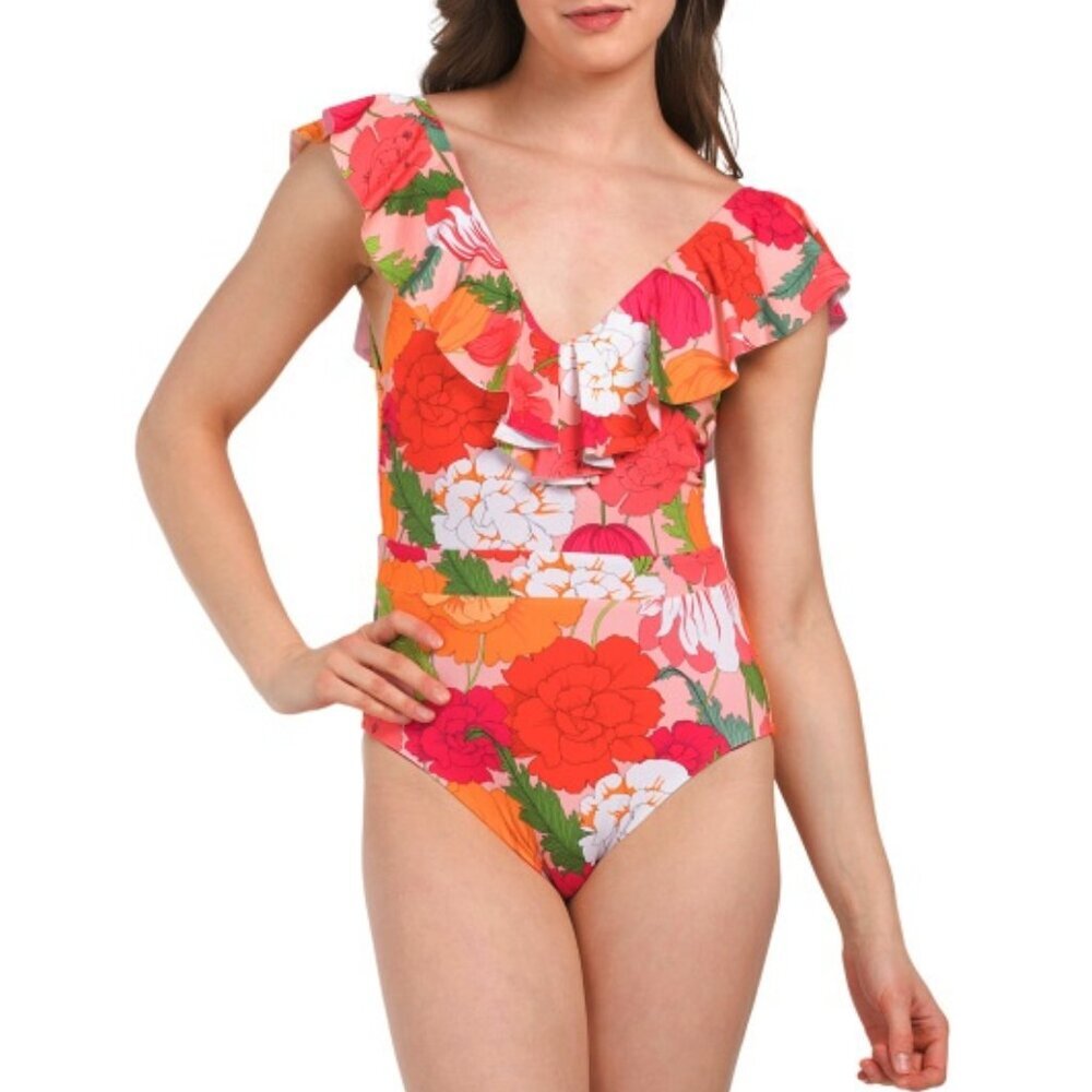 NWT Trina Turk Sunny Bloom Ruffle Over The Shoulder One Piece Swimsuit